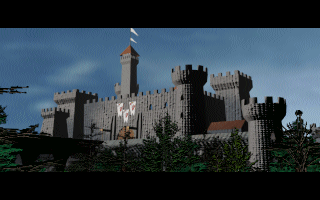 WarCraft: Orcs & Humans (DOS) screenshot: Intro: Stormwind Keep. The intro uses 3D CGI animation.