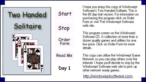 Two Handed Solitaire (Windows) screenshot: Version 1.3, freeware release, starts with this 'reminder to register' screen.