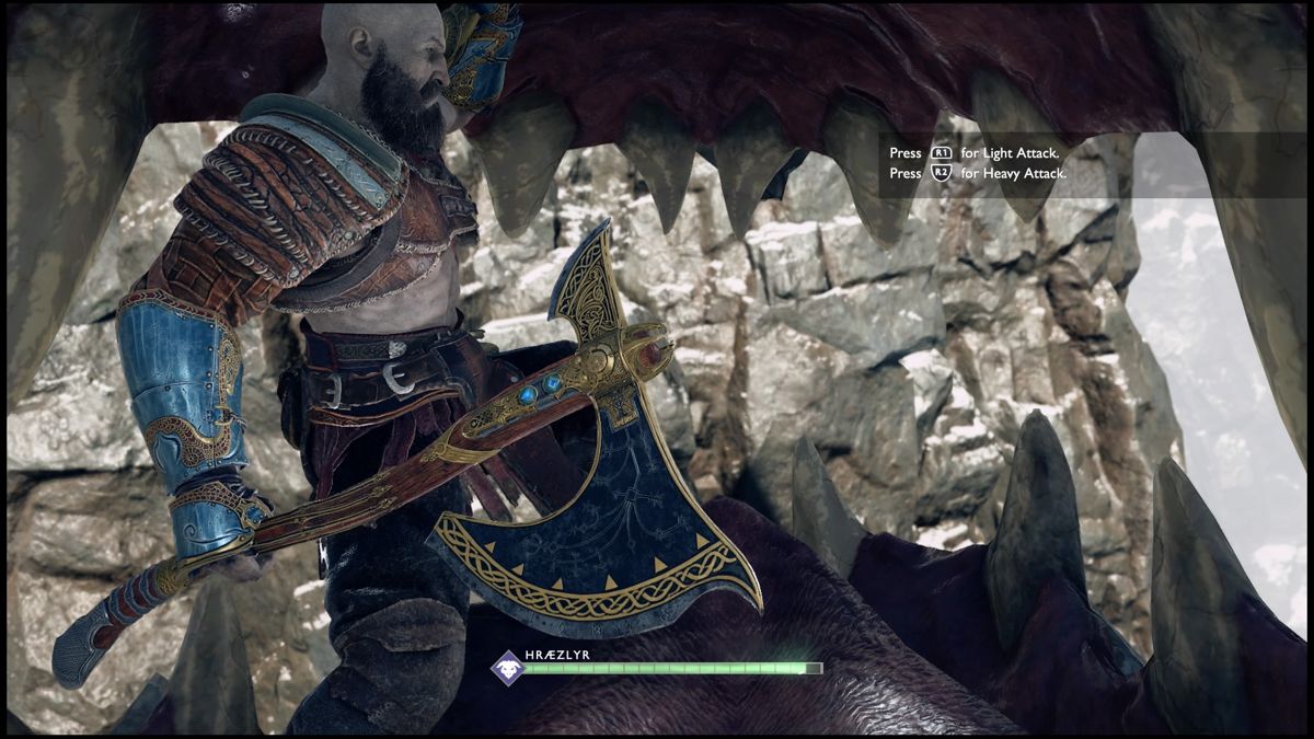 God of War (PlayStation 4) screenshot: In jaws of an angry dragon