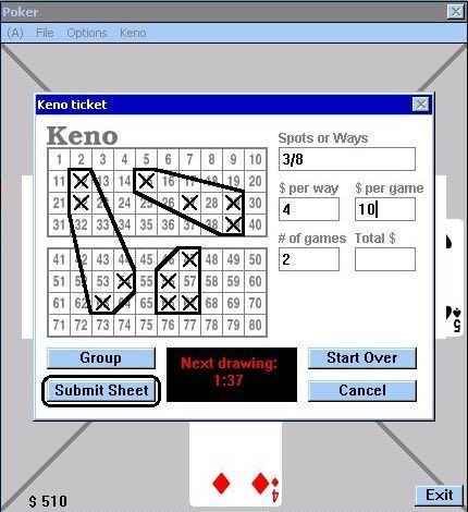 Boxcars Casino (Windows 3.x) screenshot: Playing a game of poker. In between hands a Keno card is being completed