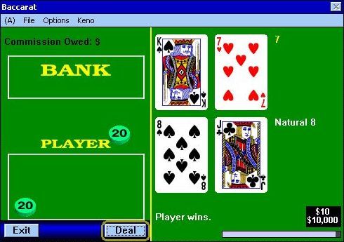 Boxcars Casino (Windows 3.x) screenshot: The Baccarat table. <br>The player drag-and-drops their coins to make their bet