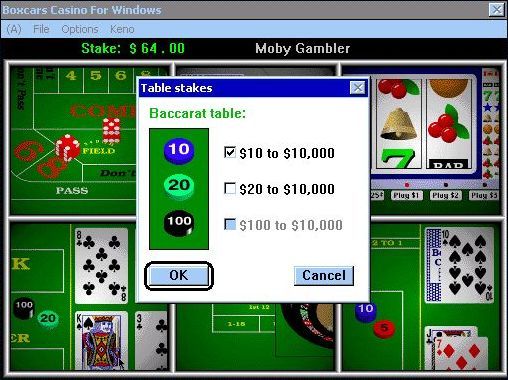 Boxcars Casino (Windows 3.x) screenshot: The Baccarat stake options
