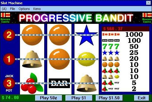 Boxcars Casino (Windows 3.x) screenshot: Both the Regular and Progressive slots use the same machine and the same combinations payout, the difference is that the progressive has three win lines