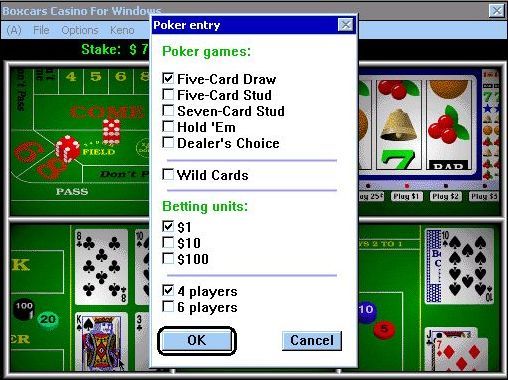 Boxcars Casino (Windows 3.x) screenshot: Starting a game of poker and the game selection screen overlays the main menu. All this changes when the player makes their choice