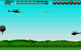 Fire! (Atari ST) screenshot: To shoot the aircrafts we better fly up. The base shot can be horizontally or party down (on acceleration of the helicopter).