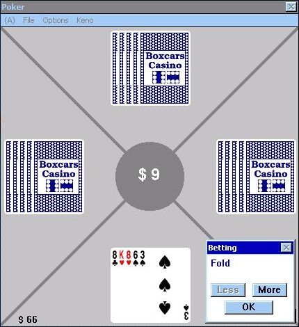 Boxcars Casino (Windows 3.x) screenshot: The poker table. Here ia four handed game of Five-Card Draw with $1 stakes is underway