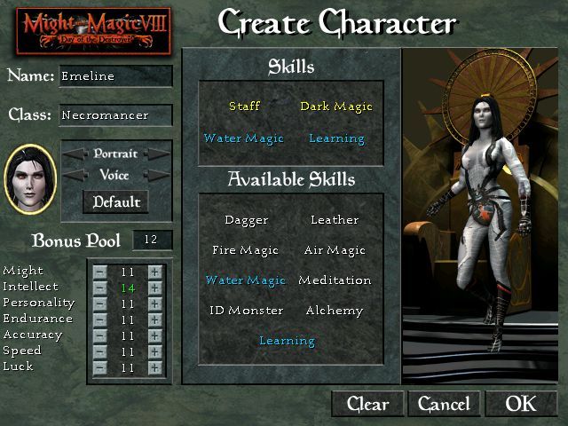 Might and Magic VIII: Day of the Destroyer (Windows) screenshot: Character creation. Do you want to create such a... err... capable female necromancer?