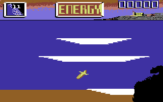 Surfchamp (Commodore 64) screenshot: Paddling out to sea.