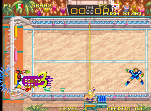 Windjammers (Neo Geo) screenshot: Too powerful, I'm thrown in the goal as well