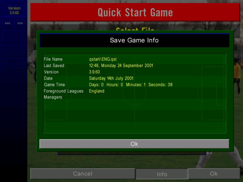 Championship Manager: Season 01/02 (Windows) screenshot: The Quick Start menu allows the player to select from a wide range of countries. Here England has been selected and some basic information has been displayed