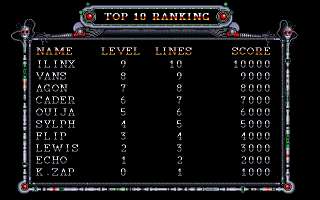 Welltris (PC-98) screenshot: Top 10 ranking