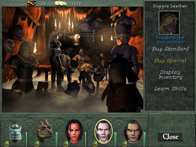 Might and Magic VIII: Day of the Destroyer (Windows) screenshot: Shops reflect the locations' flavor and personality. This armor shop is evidently managed by a necromancer