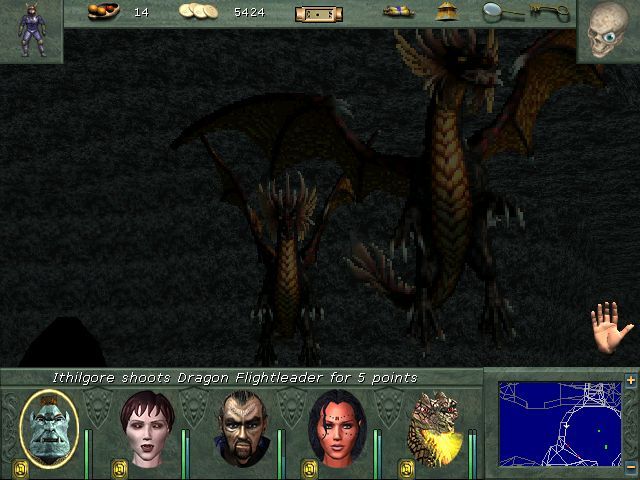 Might and Magic VIII: Day of the Destroyer (Windows) screenshot: Speaking of dragons - there are many of them in the game. One of them has joined my party, and I cruelly force him to attack his own people!