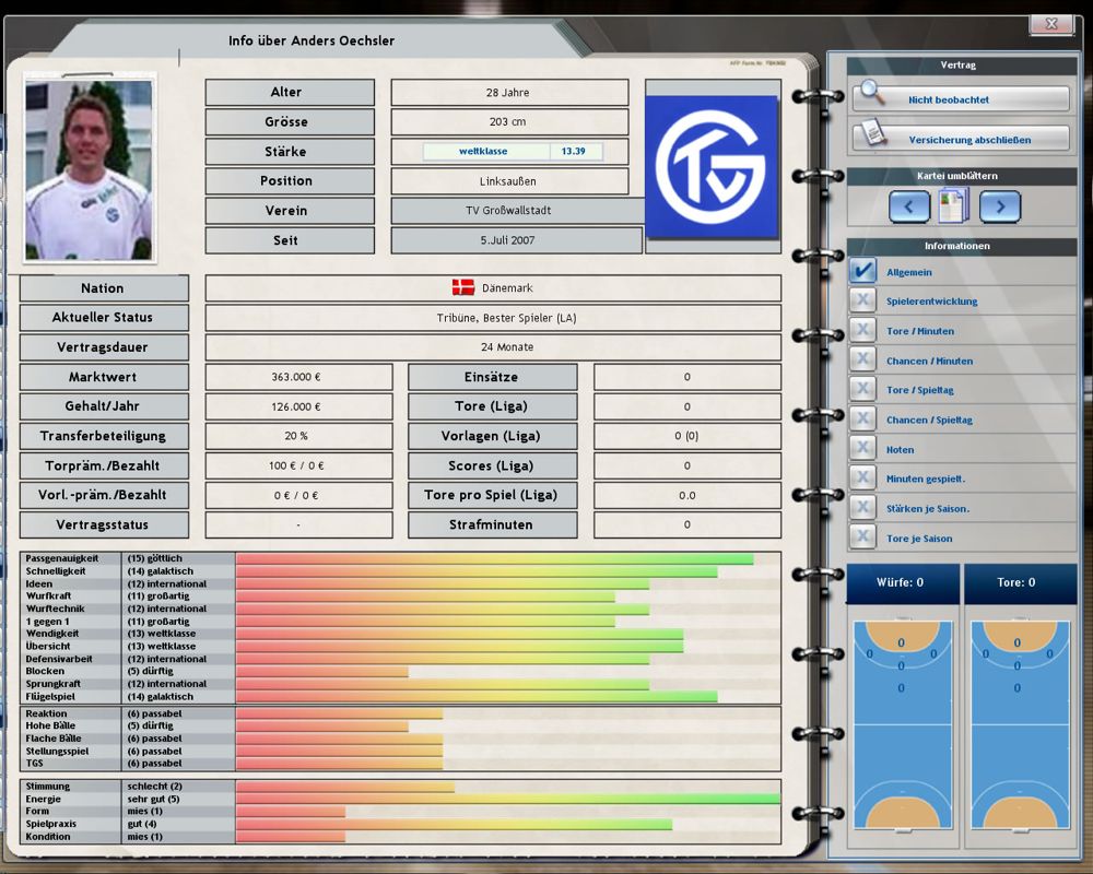 Heimspiel: Handballmanager 2008 (Windows) screenshot: The statistics screen of a player (demo version)