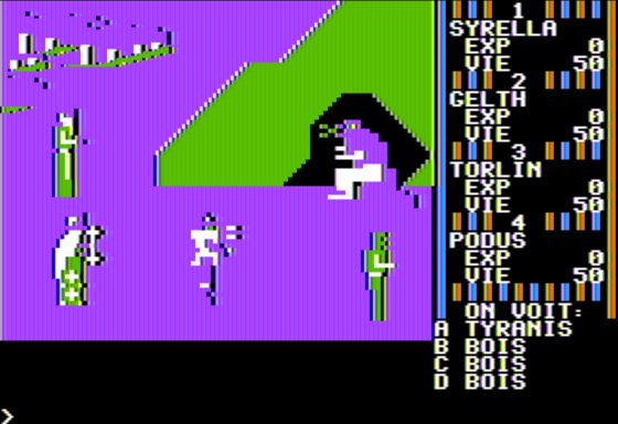 Mandragore (Apple II) screenshot: Battle with Tyranis in a Cave