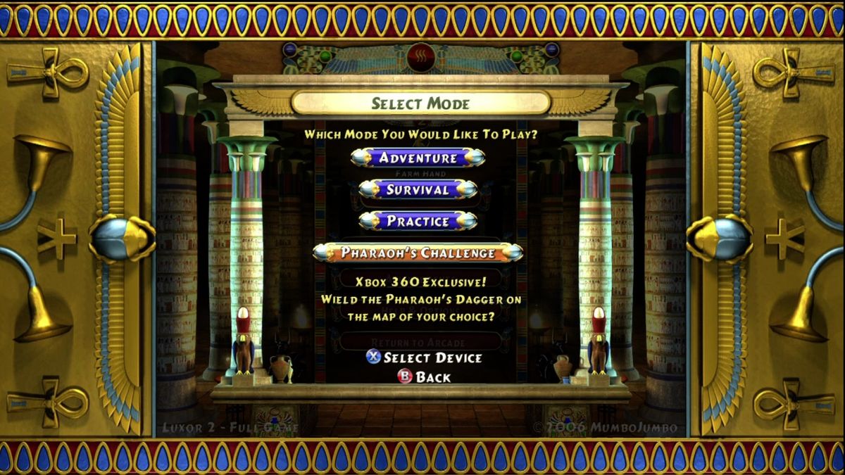Luxor 2 (Xbox 360) screenshot: Game type select.