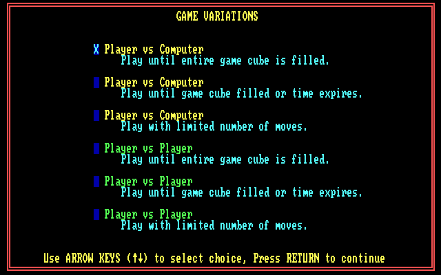 Cubic Tic Tac Toe (DOS) screenshot: Selecting the game variation