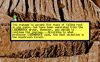 Journey to the Center of the Earth (DOS) screenshot: Escaping the mass of falling rocks (EGA)