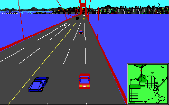 Vette! (PC-98) screenshot: Racing against the Porsche 928 on the Golden Gate Bridge (Helicopter view)