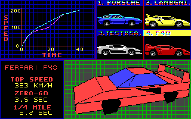 Vette! (PC-98) screenshot: Now select your opponent, may I say, that is not even remotely close to how an F40 looks in real life