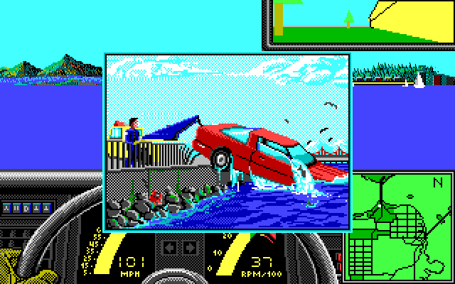 Vette! (PC-98) screenshot: Silly rabbit! Vettes can't drive on water