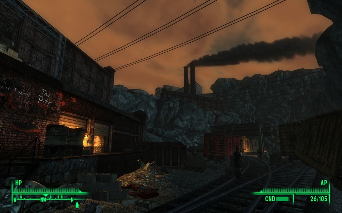 Fallout 3: The Pitt (Windows) screenshot: Arriving by rail outside Pittsburgh.
