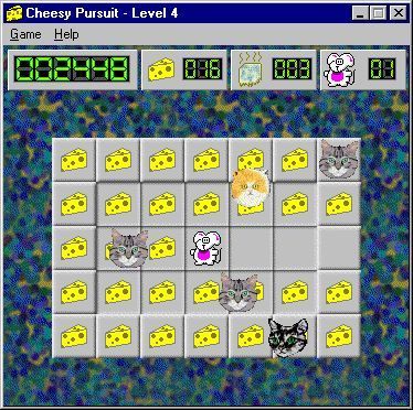 Cheesy Pursuit (Windows) screenshot: As the game progresses there are more patrolling cats. They begin to move faster and in diagonal directions
