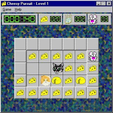 Cheesy Pursuit (Windows) screenshot: The game is in progress with just the two, relatively slow moving, cats