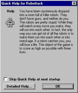 Robottack (Windows) screenshot: This optional 'Quick Help' window is displayed when the game starts
