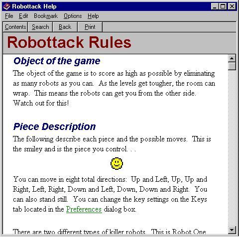 Robottack (Windows) screenshot: A comprehensive game description is available in-game. It opens in a separate window.