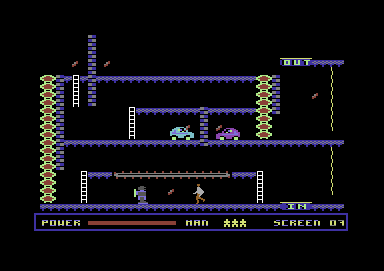 Madness (Commodore 64) screenshot: Trying to reach the torch before the robot does
