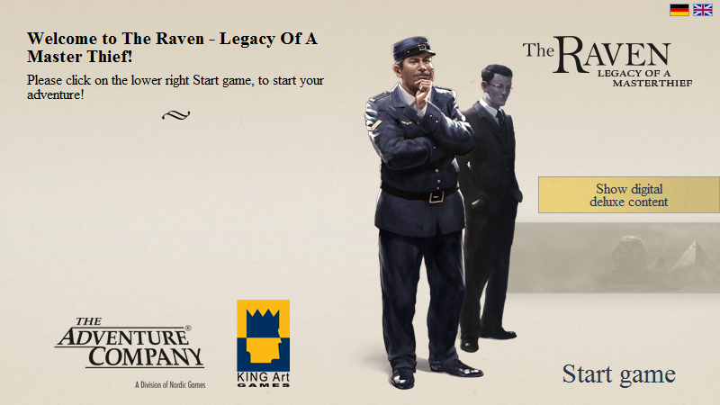 The Raven: Legacy of a Master Thief (Digital Deluxe Edition) (Windows) screenshot: Launch screen with access to the digital deluxe edition content (Steam release)