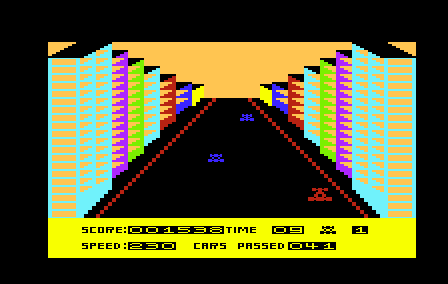 Death Race (VIC-20) screenshot: The final stretch is in a colorful city screen.