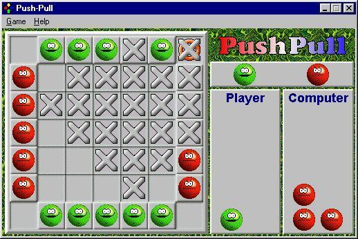 Push-Pull (Windows) screenshot: This game is about to end. There are few unused squares that the marker can be moved to and the computer has captured more pieces.