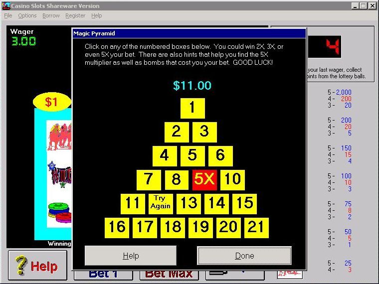 Wild Sevens Slots (Windows) screenshot: Following a win on Casino Slots the player is offered a choice of bonus game. They have selected the Magic Pyramid bonus where they can select blocks and stop at any time