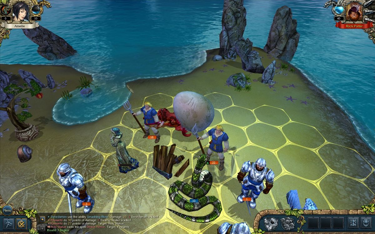 King's Bounty: Armored Princess (Windows) screenshot: Pet dragon puts an egg on the battlefield. It will hatch a unit that fights on the player's side.