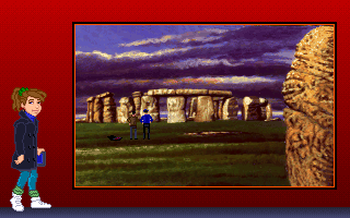 Eagle Eye Mysteries in London (DOS) screenshot: Stonehenge - the stone in the front, standing apart from the others, is in fact significant in another mystery.