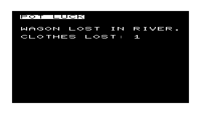 Trail West (VIC-20) screenshot: A random event happens each round. Usually you lose some of your supplies.