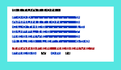 Trail West (VIC-20) screenshot: Resources are running low!
