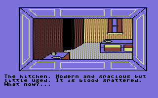 Werewolf Simulator (Commodore 64) screenshot: In the Kitchen. Where has the blood come from?