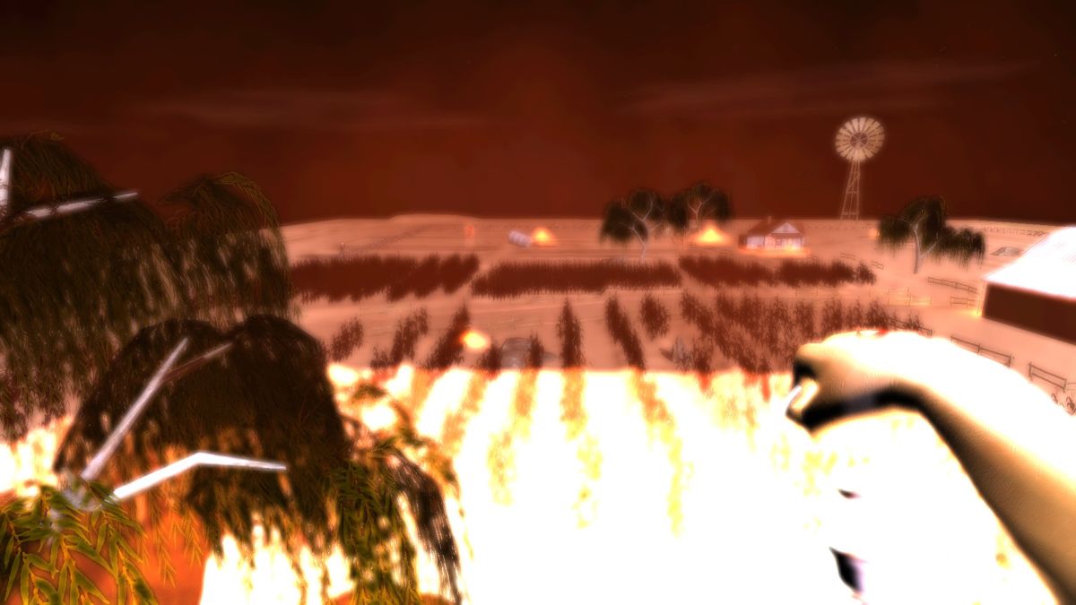 All Is Dust (Windows) screenshot: Outside atop the barn at night. This shows the size of the game area and the effects of a lightning flash. Lots of patches of light in the fields and around the buildings