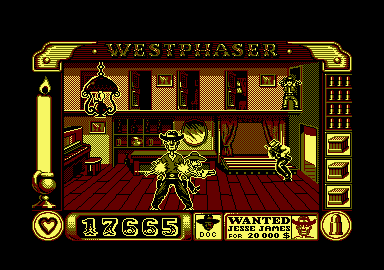 West Phaser (Amstrad CPC) screenshot: Jesse James offers a double greeting