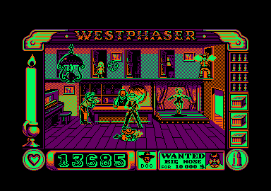 West Phaser (Amstrad CPC) screenshot: Don't shoot the little girl!