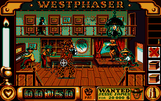 West Phaser (Atari ST) screenshot: Jesse James exhibits adverse reactions to lead poisoning
