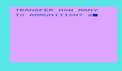 Trail West (VIC-20) screenshot: Each turn you can opt to add supplies from your reserve. Here we restock some ammunition.