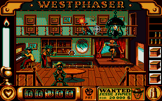 West Phaser (Atari ST) screenshot: Nail that sneaky little bandit on the balcony for bonuses