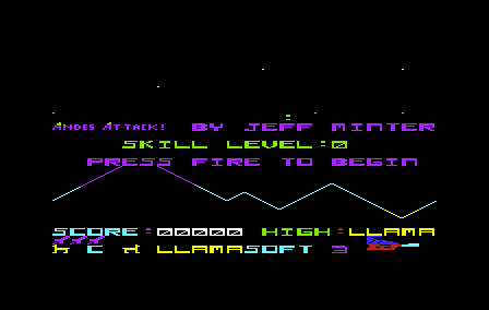 Andes Attack (VIC-20) screenshot: Title screen.