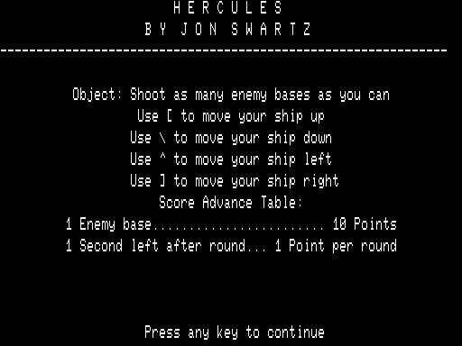 Hercules (TRS-80) screenshot: Title / instructions