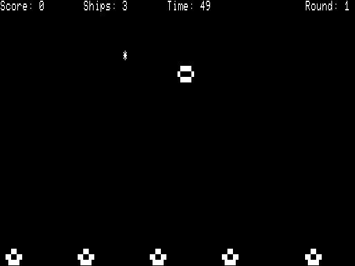 Hercules (TRS-80) screenshot: Your ship above the targets below scrolling by with a missed shot going by your ship