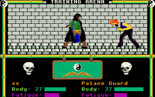 Moebius: The Orb of Celestial Harmony (DOS) screenshot: Blade in stomach - that's hurt.